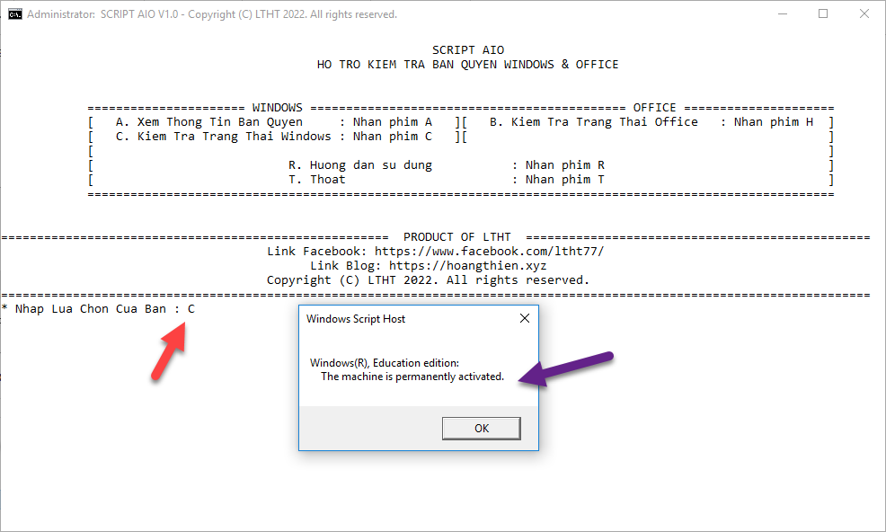 Trạng thái bản quyền windows được hiển thị